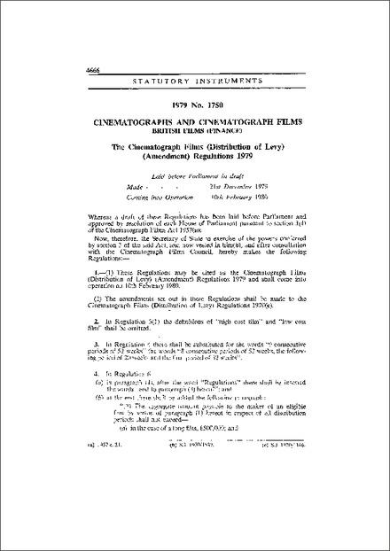 The Cinematograph Films (Distribution of Levy) (Amendment) Regulations 1979