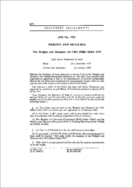 The Weights and Measures Act 1963 (Milk) Order 1979