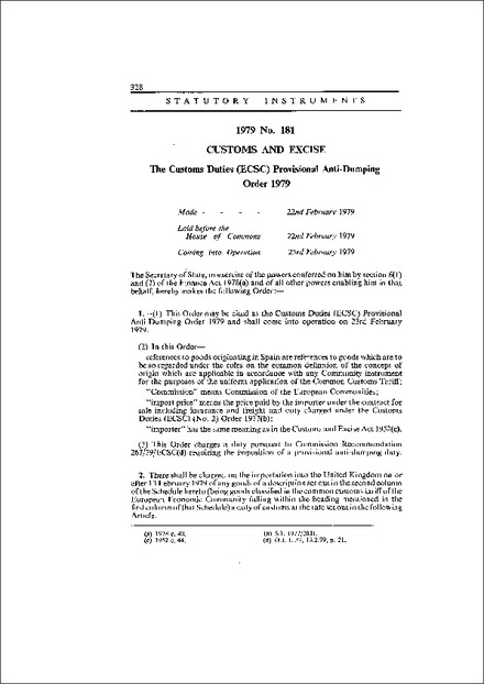 The Customs Duties (ECSC) Provisional Anti-Dumping Order 1979