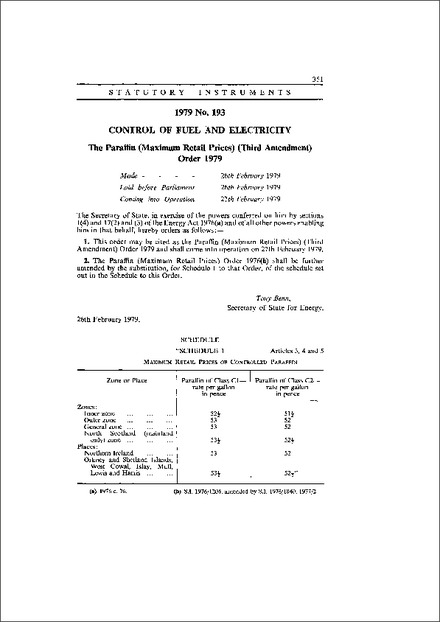 The Paraffin (Maximum Retail Prices) (Third Amendment) Order 1979