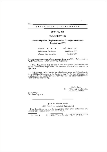 The Immigration (Registration with Police) (Amendment) Regulations 1979