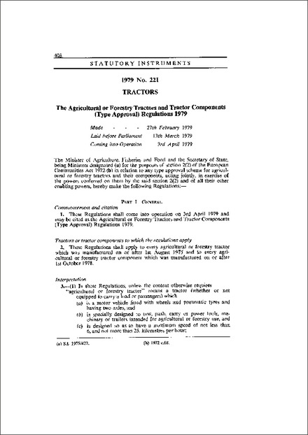 The Agricultural or Forestry Tractors and Tractor Components (Type Approval) Regulations 1979