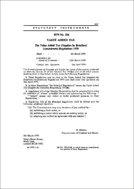 The Value Added Tax (Supplies by Retailers) (Amendment) Regulations 1979