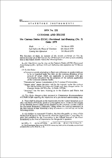 The Customs Duties (ECSC) Provisional Anti-Dumping (No. 3) Order 1979