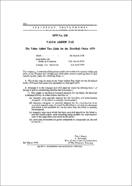 The Value Added Tax (Aids for the Disabled) Order 1979