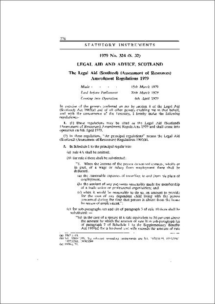 The Legal Aid (Scotland) (Assessment of Resources) Amendment Regulations 1979