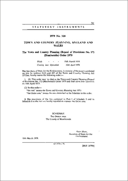 The Town and Country Planning (Repeal of Provisions No. 17) (Humberside) Order 1979