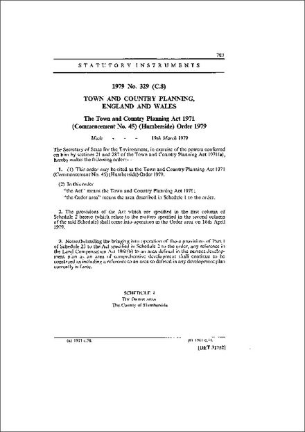 The Town and Country Planning Act 1971 (Commencement No. 45) (Humberside) Order 1979