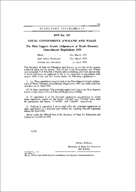 The Rate Support Grants (Adjustment of Needs Element) (Amendment) Regulations 1979