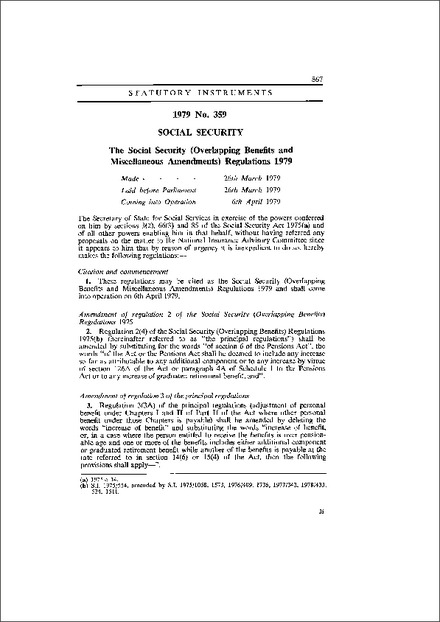 The Social Security (Overlapping Benefits and Miscellaneous Amendments) Regulations 1979
