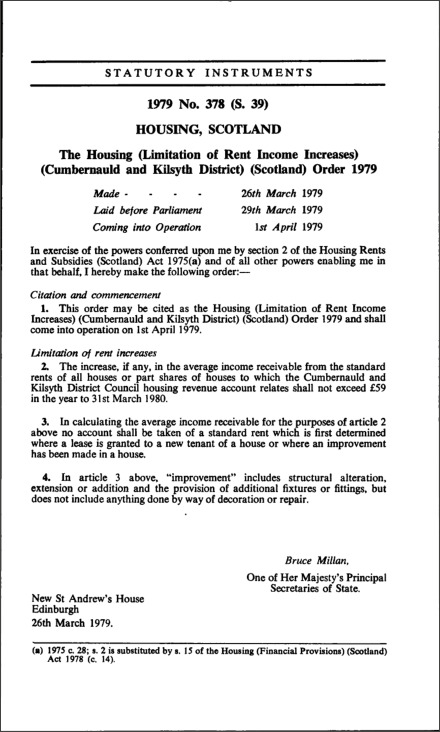 The Housing (Limitation of Rent Income Increases) (Cumbernauld and Kilsyth District) (Scotland) Order 1979