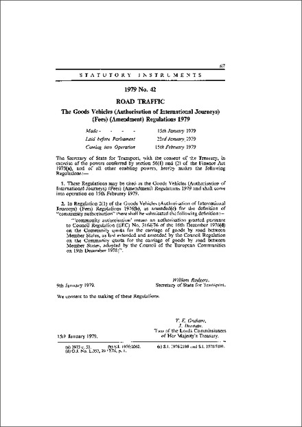 The Goods Vehicles (Authorisation of International Journeys) (Fees) (Amendment) Regulations 1979