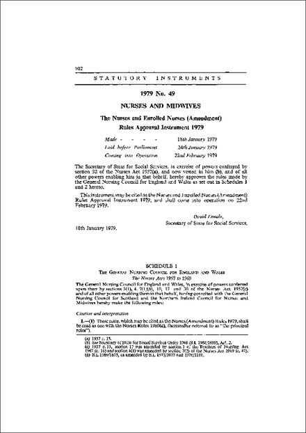 The Nurses and Enrolled Nurses (Amendment) Rules Approval Instrument 1979