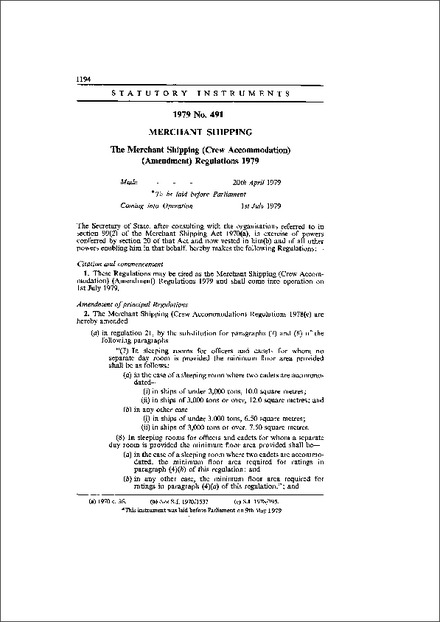 The Merchant Shipping (Crew Accommodation) (Amendment) Regulations 1979