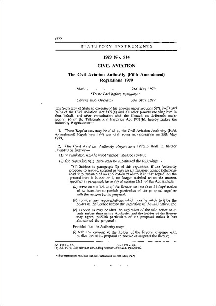 The Civil Aviation Authority (Fifth Amendment) Regulations 1979