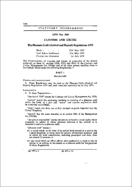 The Pleasure Craft (Arrival and Report) Regulations 1979