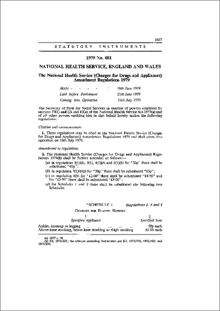 The National Health Service (Charges for Drugs and Appliances) Amendment Regulations 1979