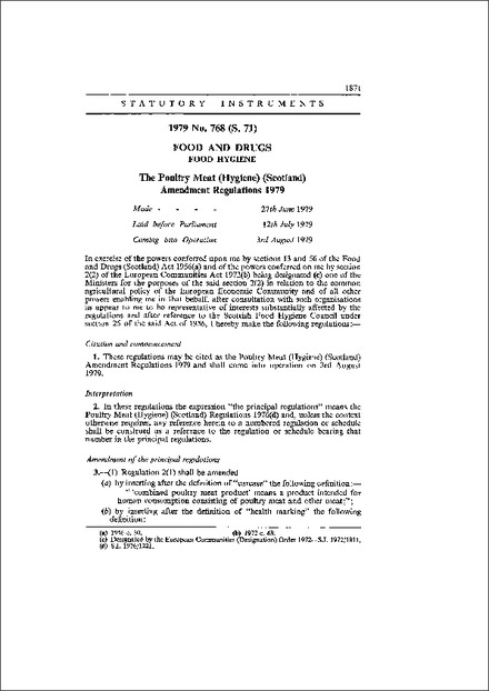 The Poultry Meat (Hygiene) (Scotland) Amendment Regulations 1979