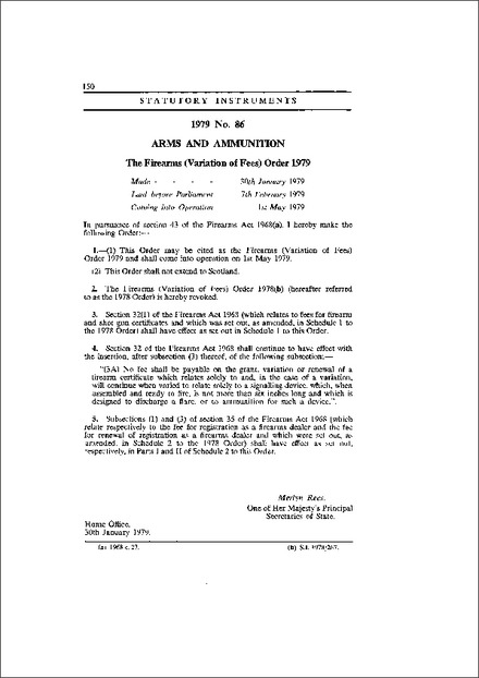 The Firearms (Variation of Fees) Order 1979