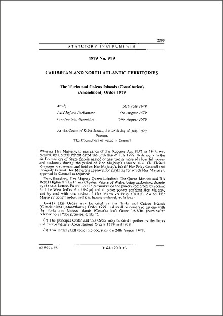 The Turks and Caicos Islands (Constitution) (Amendment) Order 1979