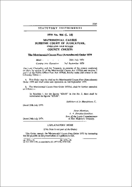 The Matrimonial Causes Fees (Amendment) Order 1979