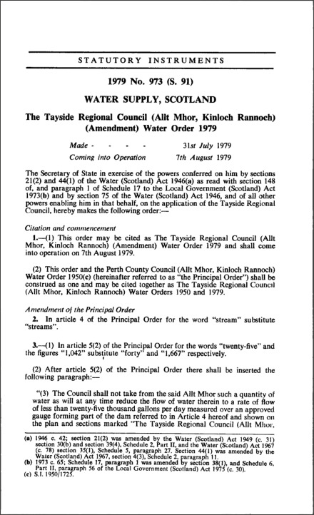 The Tayside Regional Council (Allt Mhor, Kinloch Rannoch) (Amendment) Water Order 1979