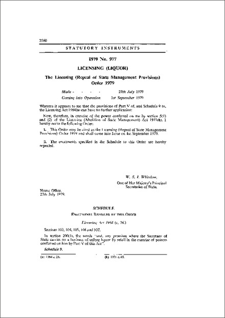 The Licensing (Repeal of State Management Provisions) Order 1979