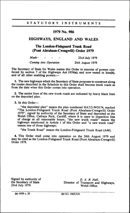 The London-Fishguard Trunk Road (Pont Abraham-Cwmewili) Order 1979