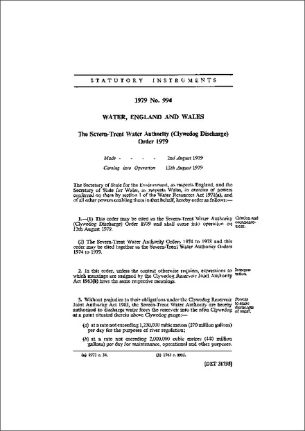 The Severn-Trent Water Authority (Clywedog Discharge) Order 1979