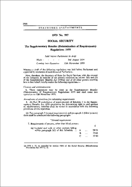 The Supplementary Benefits (Determination of Requirements) Regulations 1979