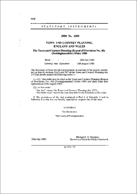 The Town and Country Planning (Repeal of Provisions No. 40) (Nottinghamshire) Order 1980