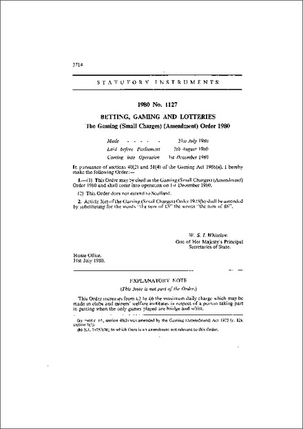 The Gaming (Small Charges) (Amendment) Order 1980