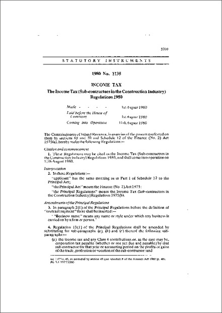 The Income Tax (Sub-contractors in the Construction Industry) Regulations 1980