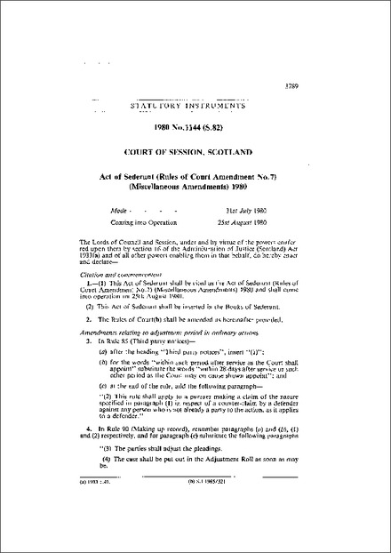 Act of Sederunt (Rules of Court Amendment No.7) (Miscellaneous Amendments) 1980