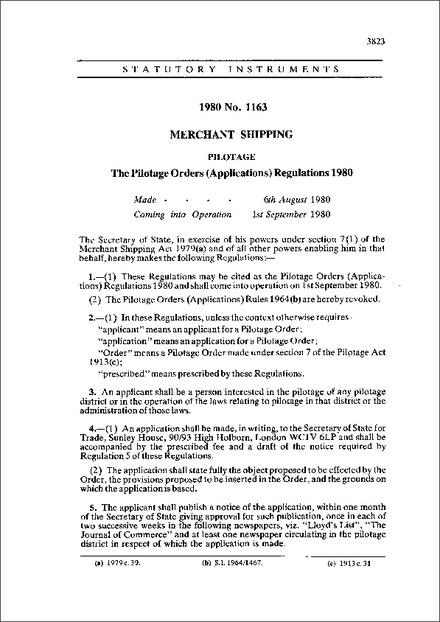 The Pilotage Orders (Applications) Regulations 1980