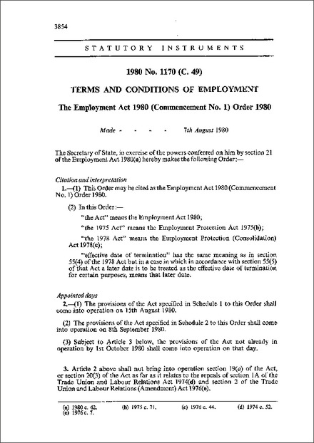 The Employment Act 1980 (Commencement No. 1) Order 1980