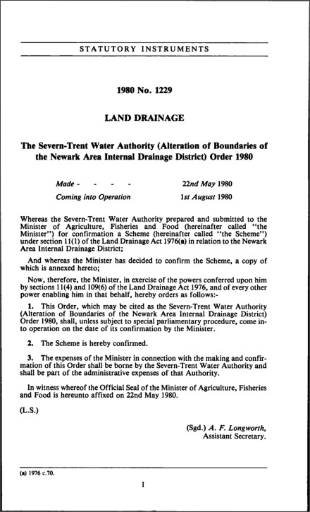 The Severn-Trent Water Authority (Alteration of Boundaries of the Newark Area Internal Drainage District) Order 1980