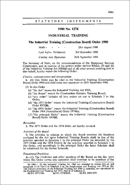 The Industrial Training (Construction Board) Order 1980