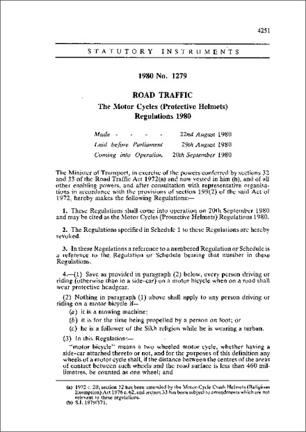 The Motor Cycles (Protective Helmets) Regulations 1980