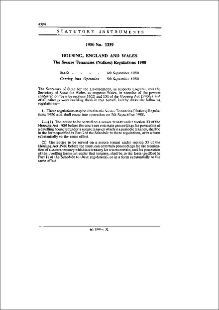 The Secure Tenancies (Notices) Regulations 1980