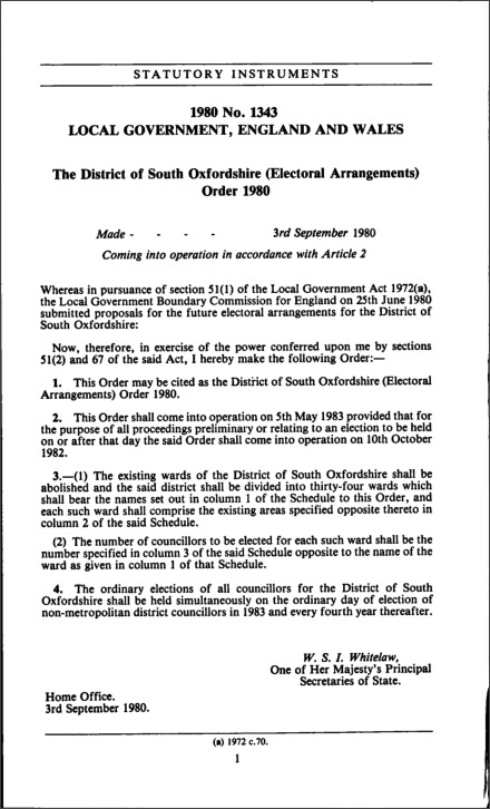 The District of South Oxfordshire (Electoral Arrangements) Order 1980