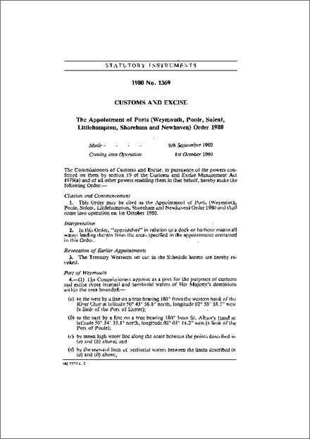 The Appointment of Ports (Weymouth, Poole, Solent, Littlehampton, Shoreham and Newhaven) Order 1980