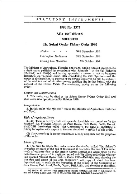 The Solent Oyster Fishery Order 1980