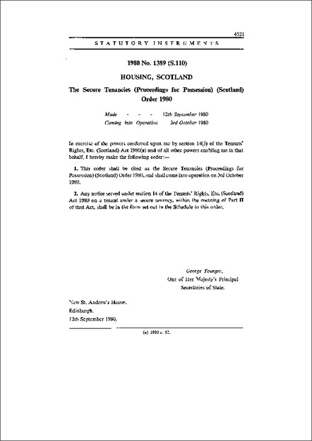 The Secure Tenancies (Proceedings for Possession) (Scotland) Order 1980