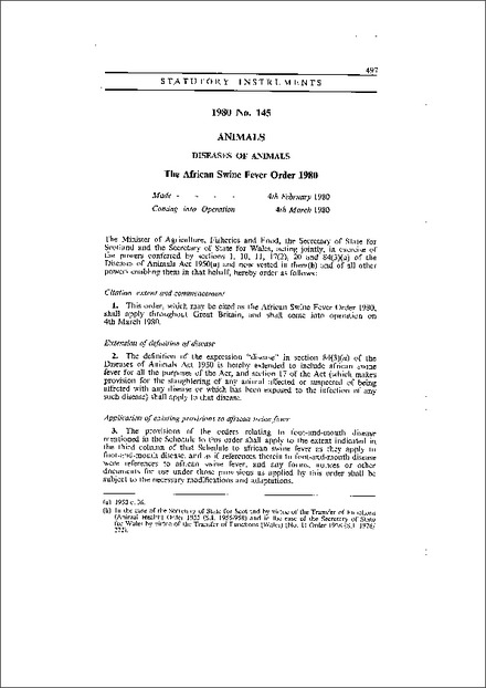 The African Swine Fever Order 1980