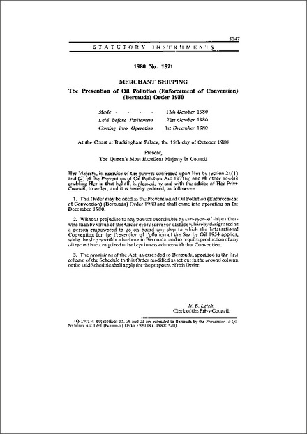 The Prevention of Oil Pollution (Enforcement of Convention) (Bermuda) Order 1980