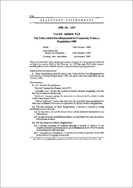 The Value Added Tax (Repayment to Community Traders) Regulations 1980