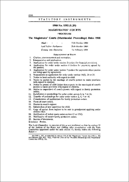 The Magistrates' Courts (Matrimonial Proceedings) Rules 1980