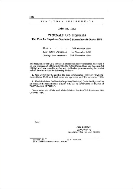 The Fees for Inquiries (Variation) (Amendment) Order 1980