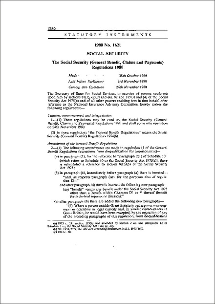 The Social Security (General Benefit, Claims and Payments) Regulations 1980